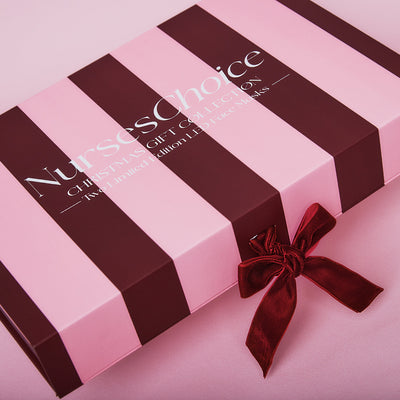 NursesChoice Christmas Gift Collection box in burgundy and blush pink stripes with a velvet ribbon