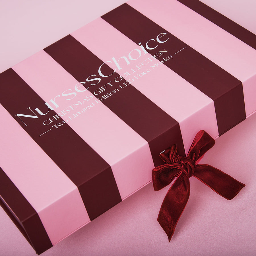 NursesChoice Christmas Gift Collection box in burgundy and blush pink stripes with a velvet ribbon